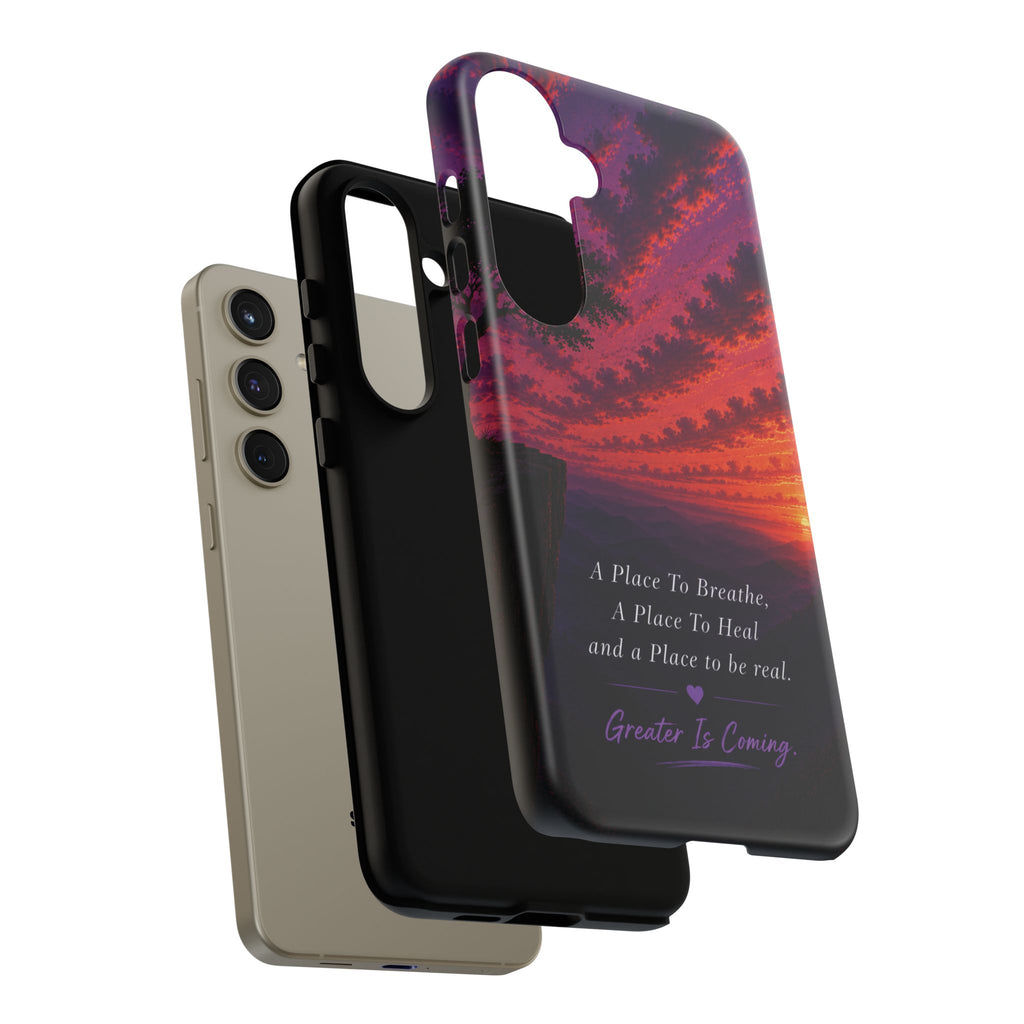 Sunset Serenity Phone Case – “A Place To Breathe, A Place To Heal” Inspirational Galaxy Case