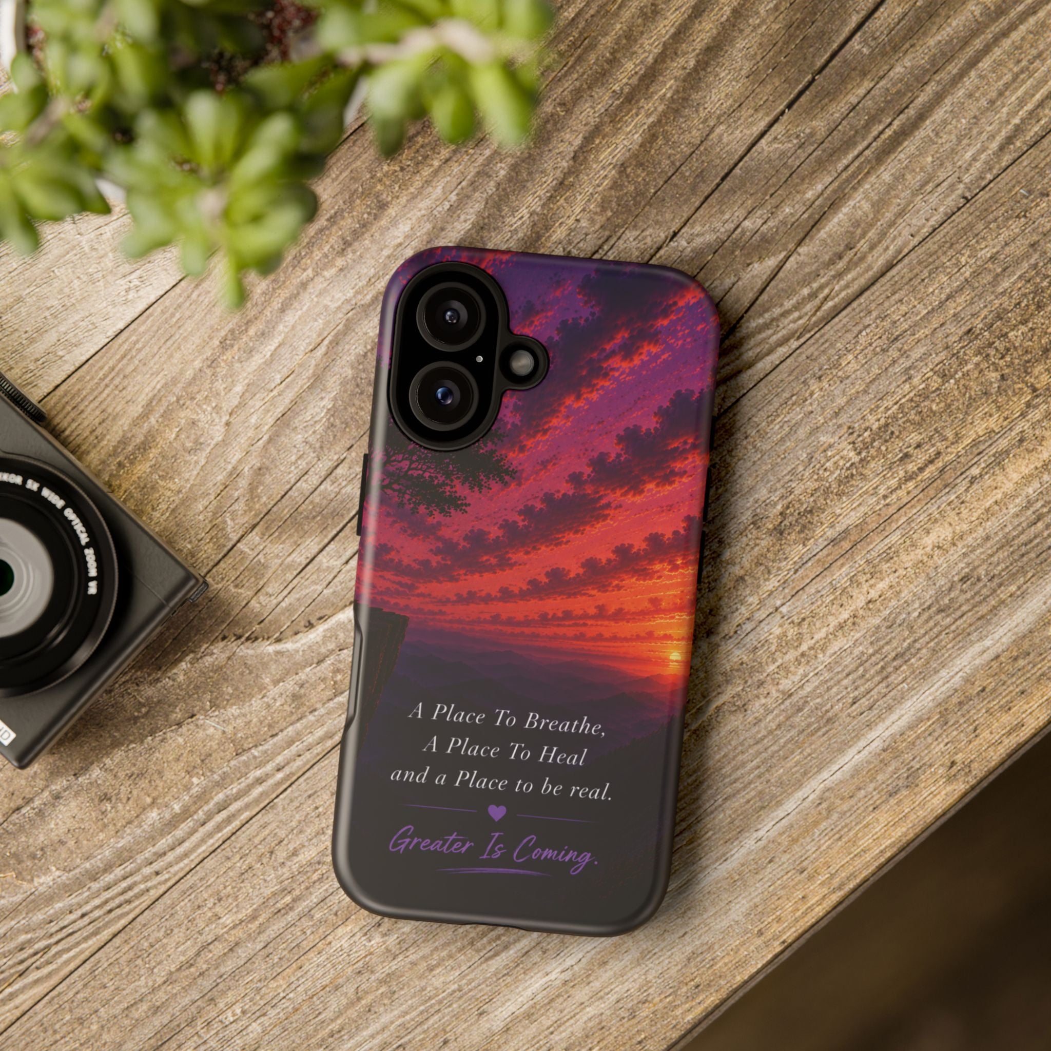 Sunset Serenity Phone Case – “A Place To Breathe, A Place To Heal” Inspirational Galaxy Case