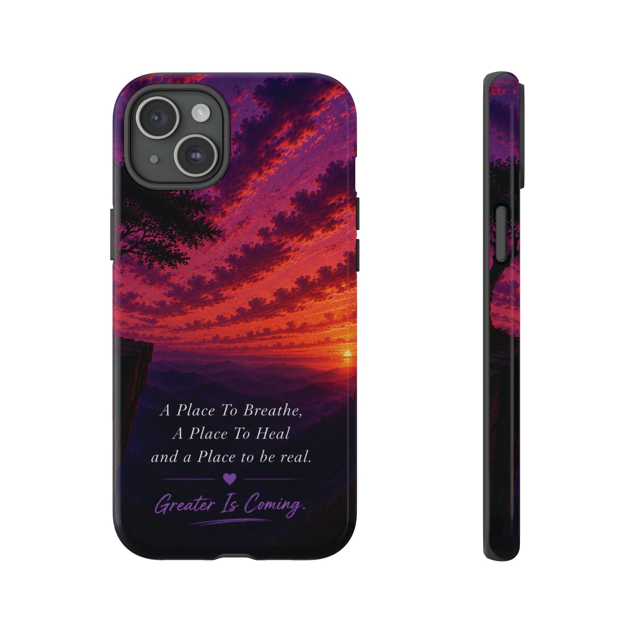 Sunset Serenity Phone Case – “A Place To Breathe, A Place To Heal” Inspirational Galaxy Case