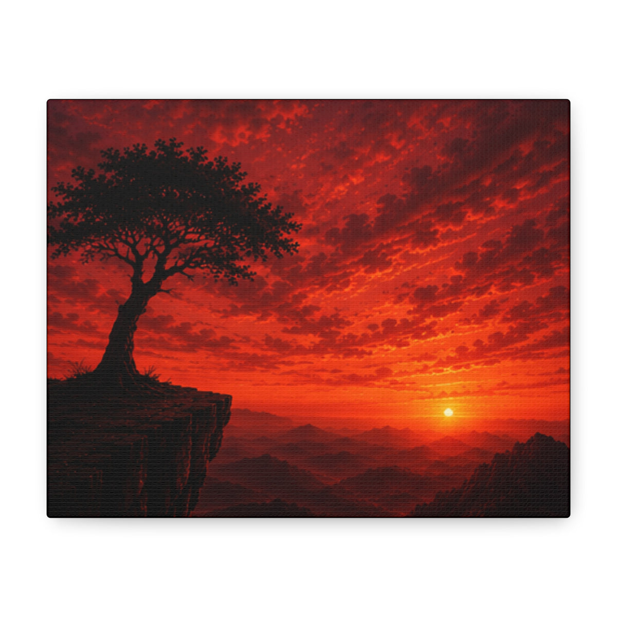 Red Sunset Cliff Canvas Print — Tree Silhouette Matte Stretched Wall Art