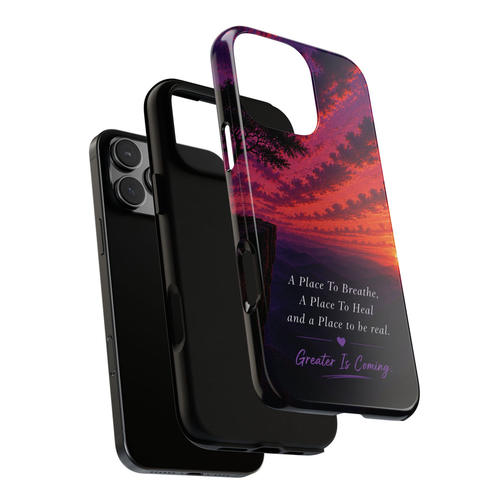 Sunset Serenity Phone Case – “A Place To Breathe, A Place To Heal” Inspirational Galaxy Case