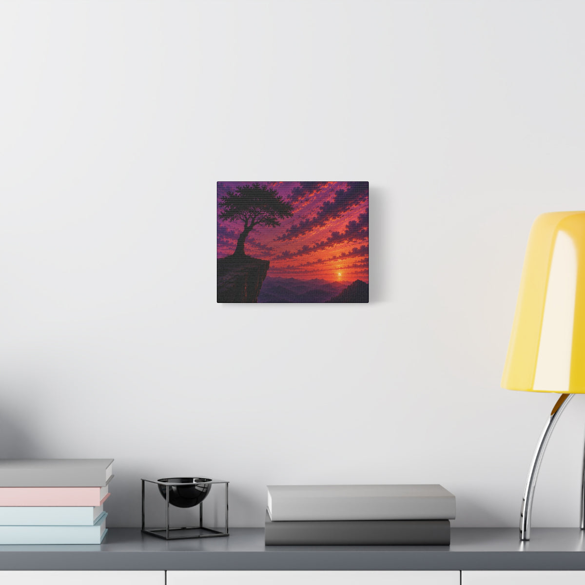 Sunset Cliff Canvas Wall Art — Silhouette Tree Over Mountain Sunset