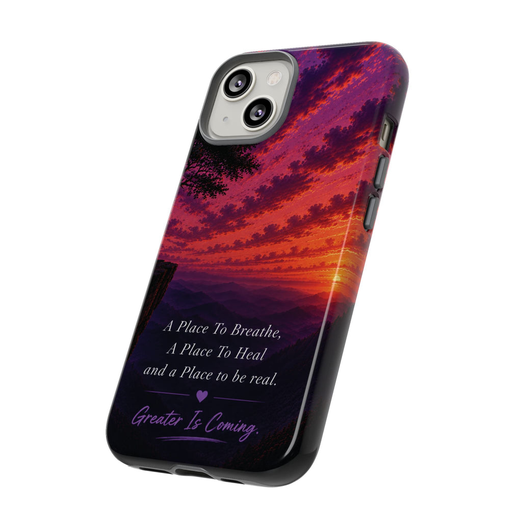 Sunset Serenity Phone Case – “A Place To Breathe, A Place To Heal” Inspirational Galaxy Case