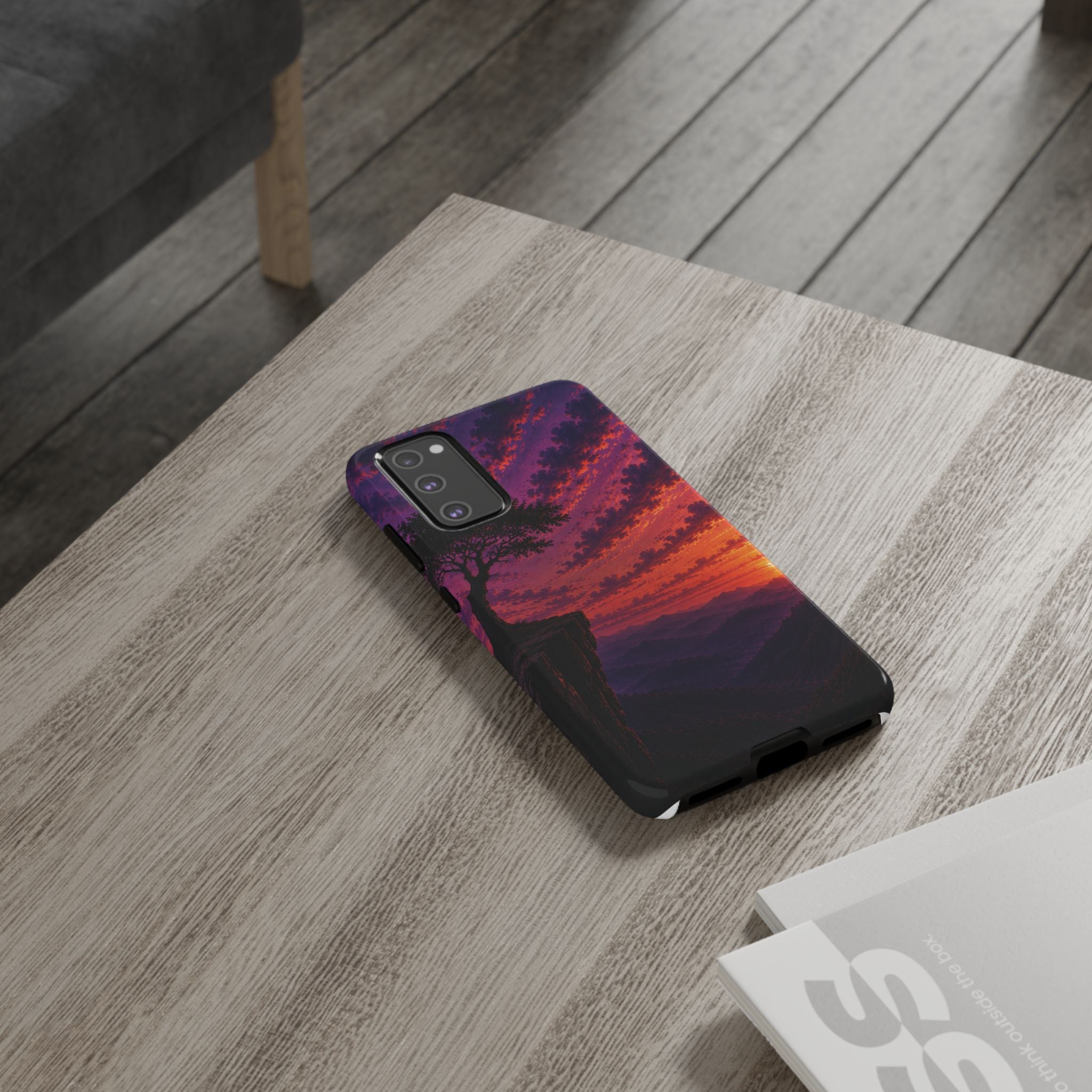 Sunset Cliff Tough Phone Case - Vibrant Purple Orange Landscape for Galaxy & iPhone