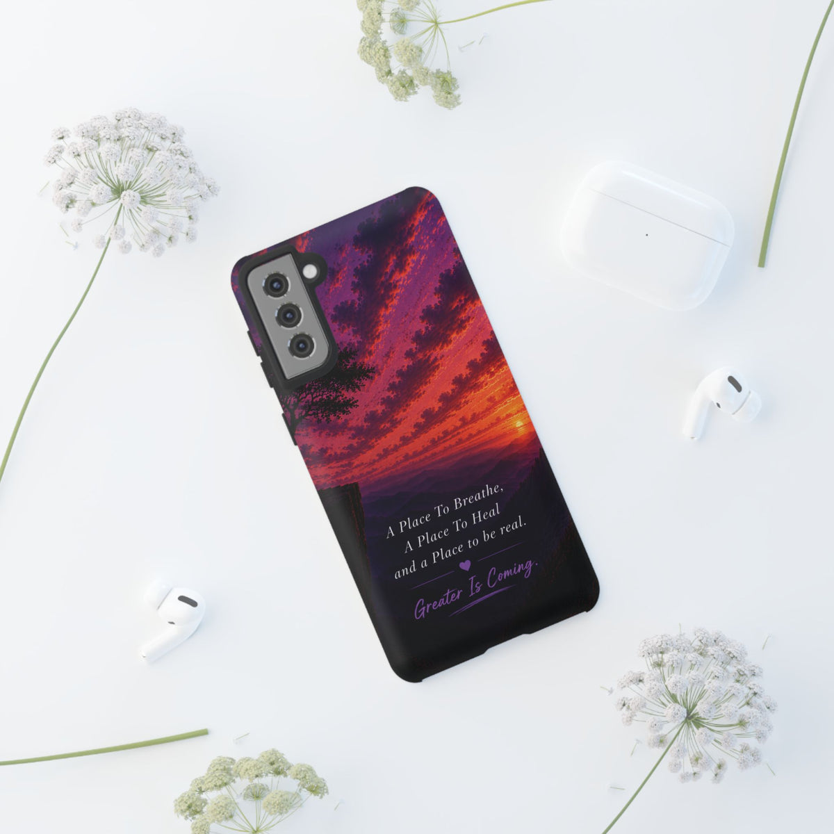 Sunset Serenity Phone Case – “A Place To Breathe, A Place To Heal” Inspirational Galaxy Case
