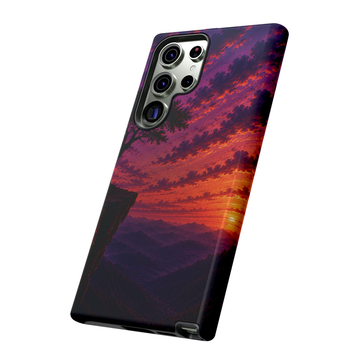 Sunset Cliff Tough Phone Case - Vibrant Purple Orange Landscape for Galaxy & iPhone