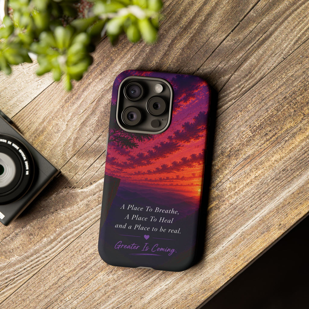 Sunset Serenity Phone Case – “A Place To Breathe, A Place To Heal” Inspirational Galaxy Case