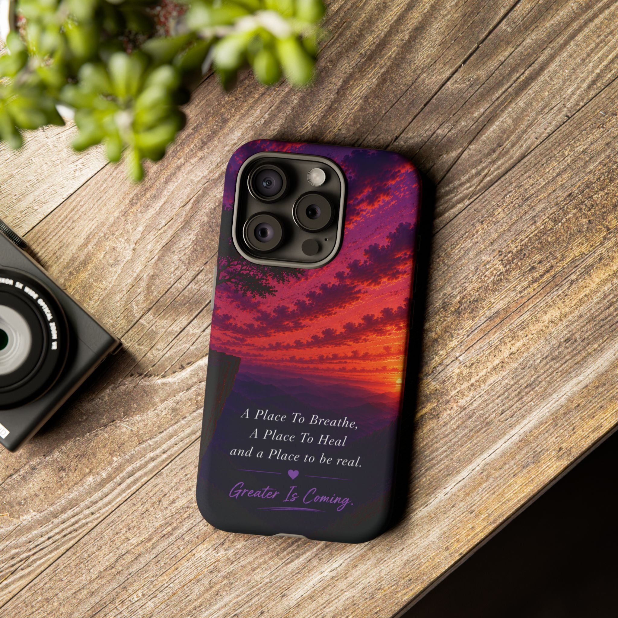 Sunset Serenity Phone Case – “A Place To Breathe, A Place To Heal” Inspirational Galaxy Case