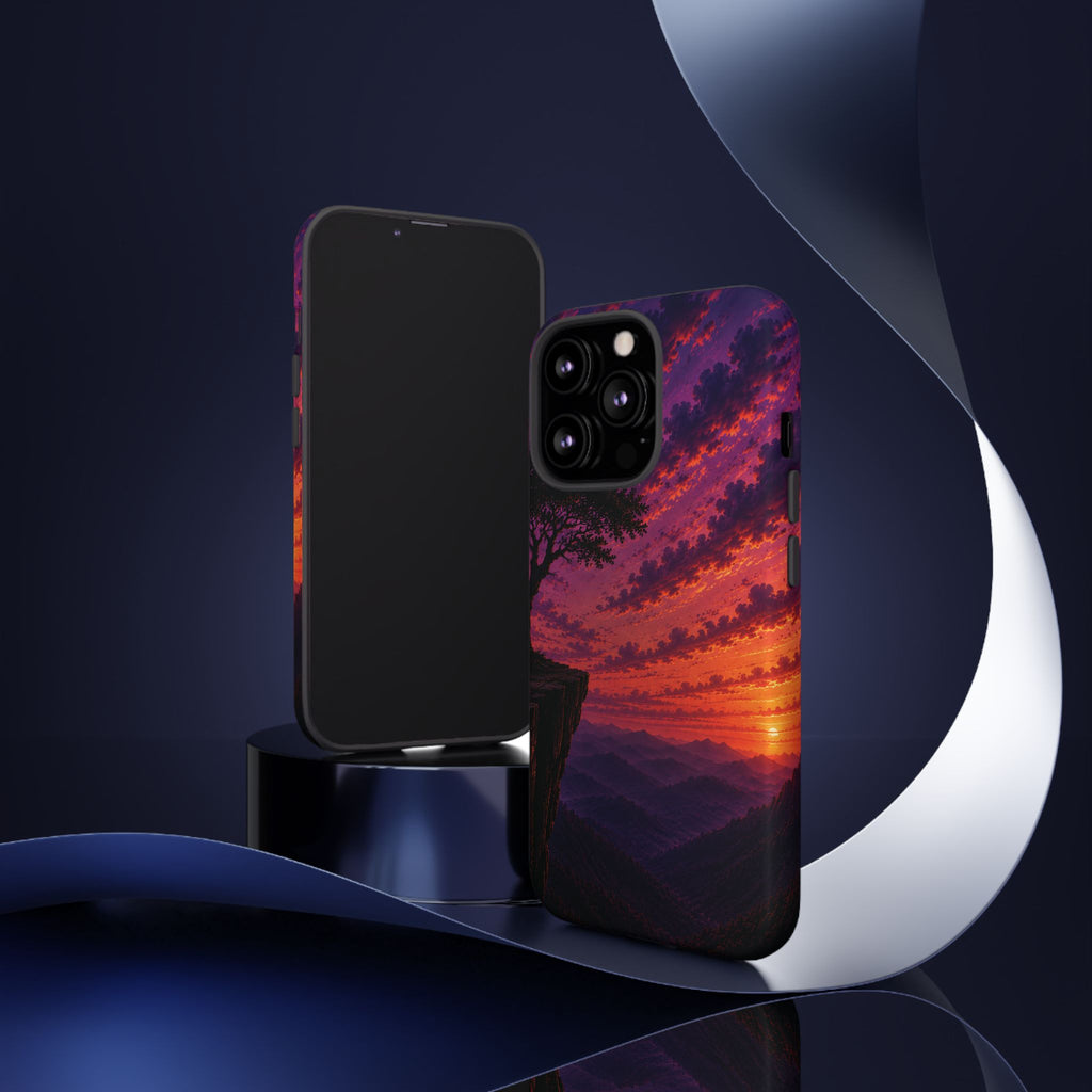 Sunset Cliff Tough Phone Case - Vibrant Purple Orange Landscape for Galaxy & iPhone
