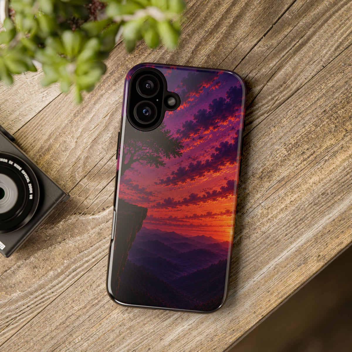 Sunset Cliff Tough Phone Case - Vibrant Purple Orange Landscape for Galaxy & iPhone