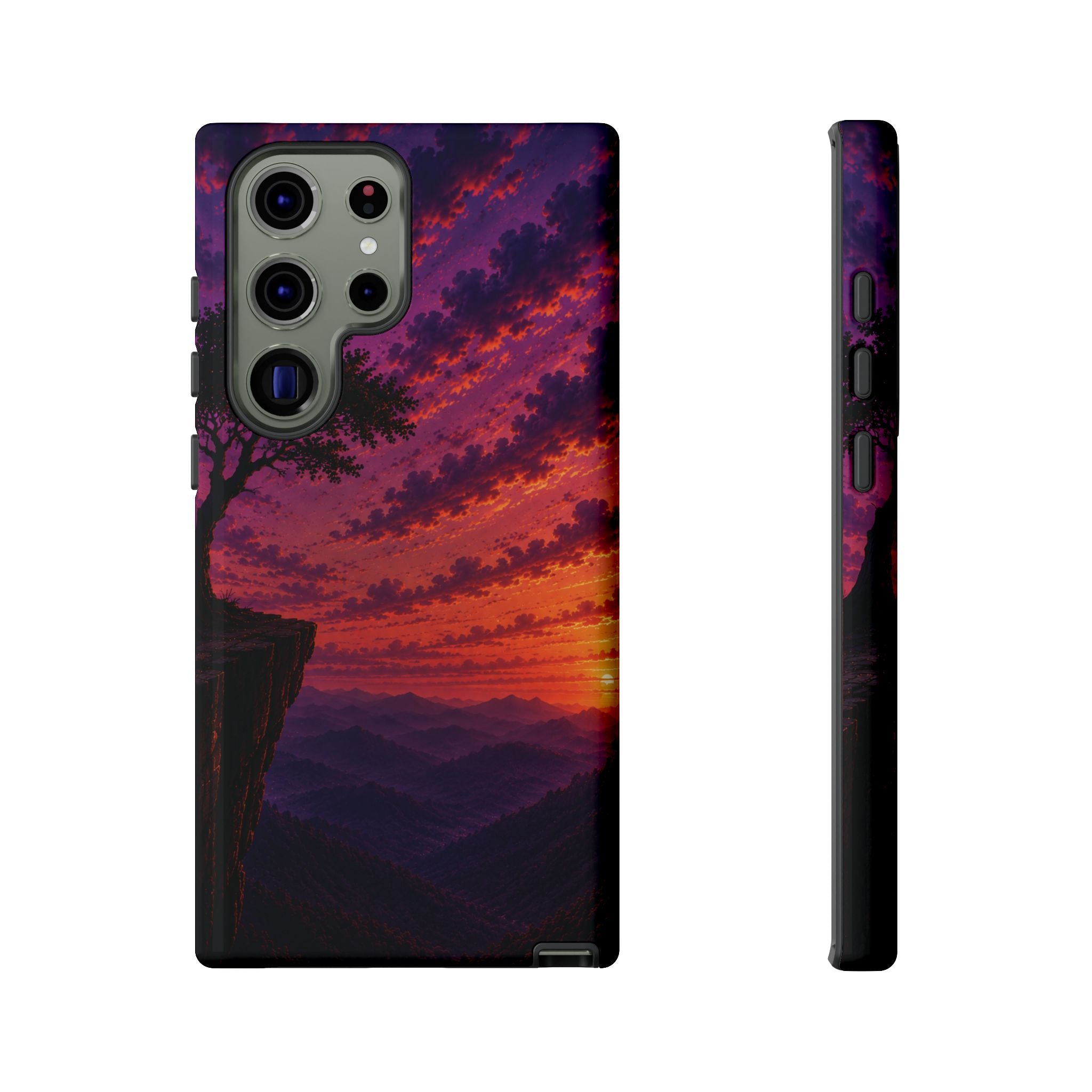 Sunset Cliff Tough Phone Case - Vibrant Purple Orange Landscape for Galaxy & iPhone