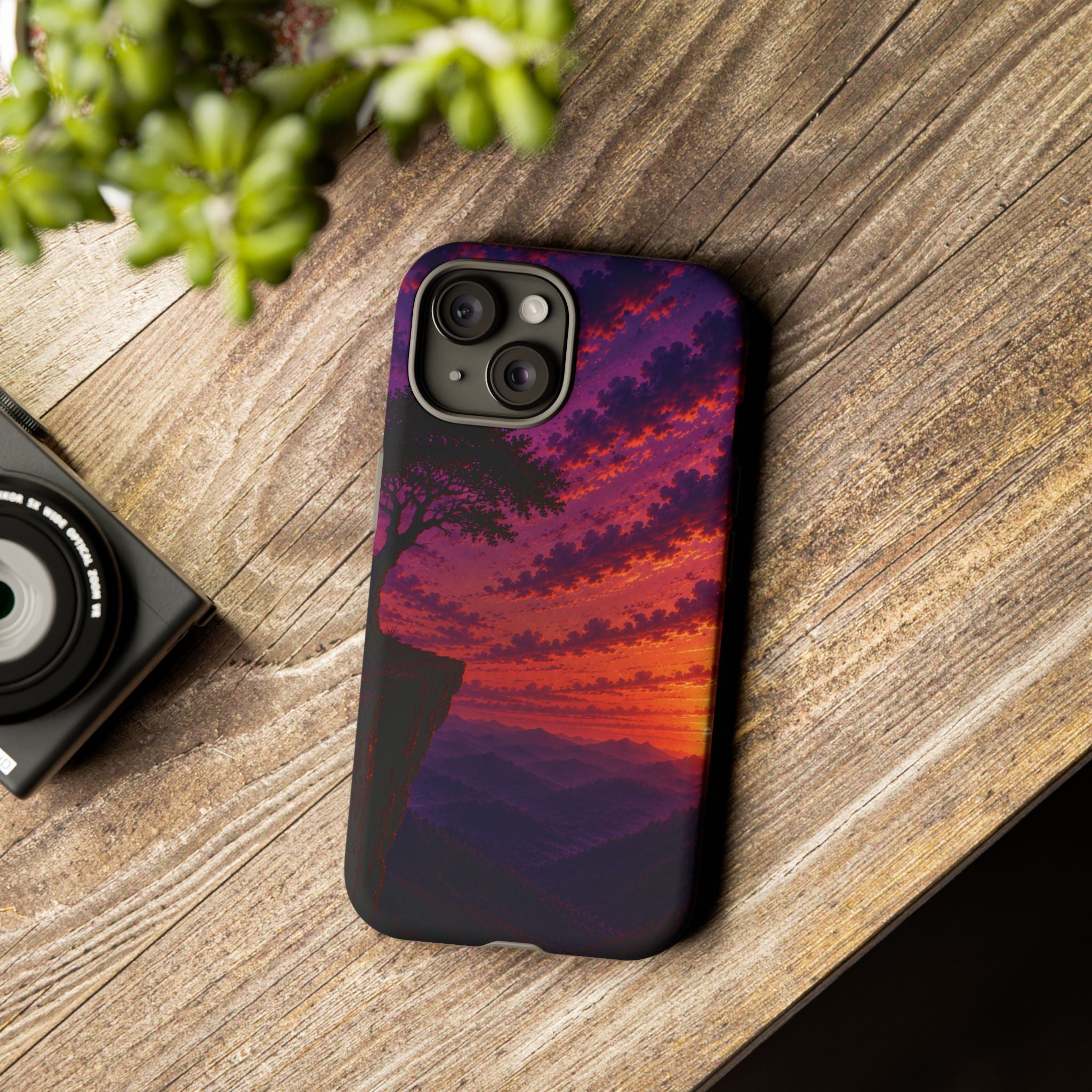 Sunset Cliff Tough Phone Case - Vibrant Purple Orange Landscape for Galaxy & iPhone