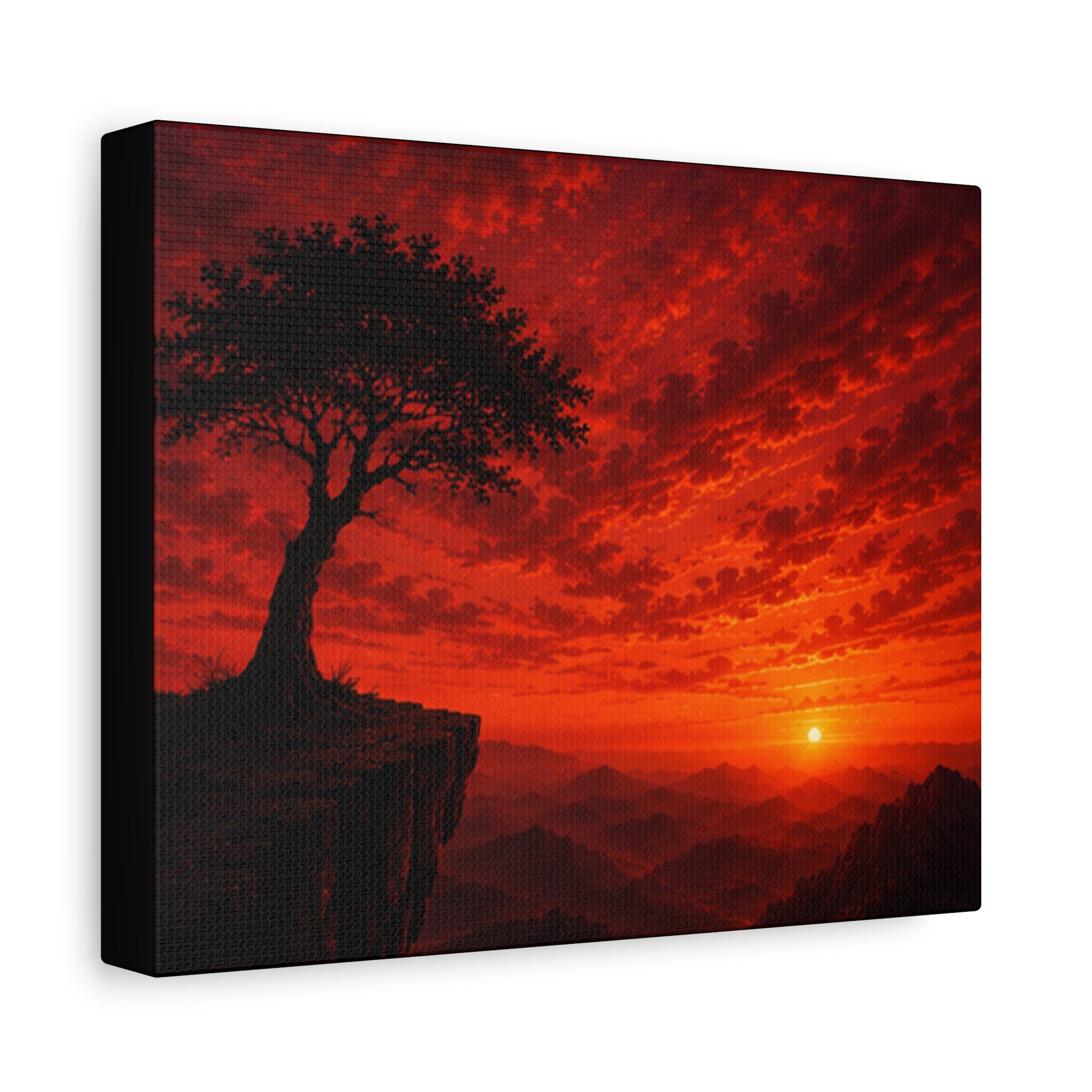 Red Sunset Cliff Canvas Print — Tree Silhouette Matte Stretched Wall Art