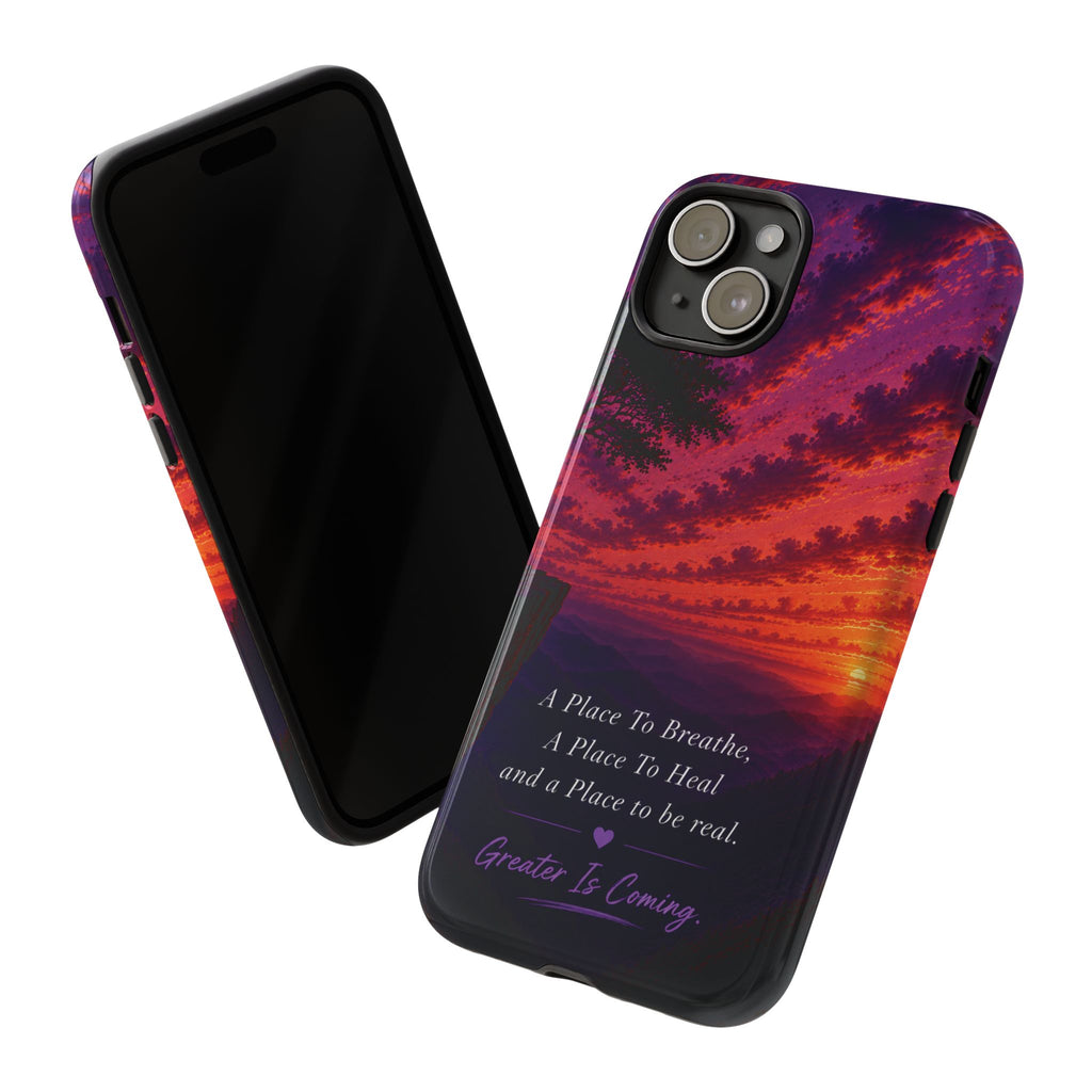 Sunset Serenity Phone Case – “A Place To Breathe, A Place To Heal” Inspirational Galaxy Case