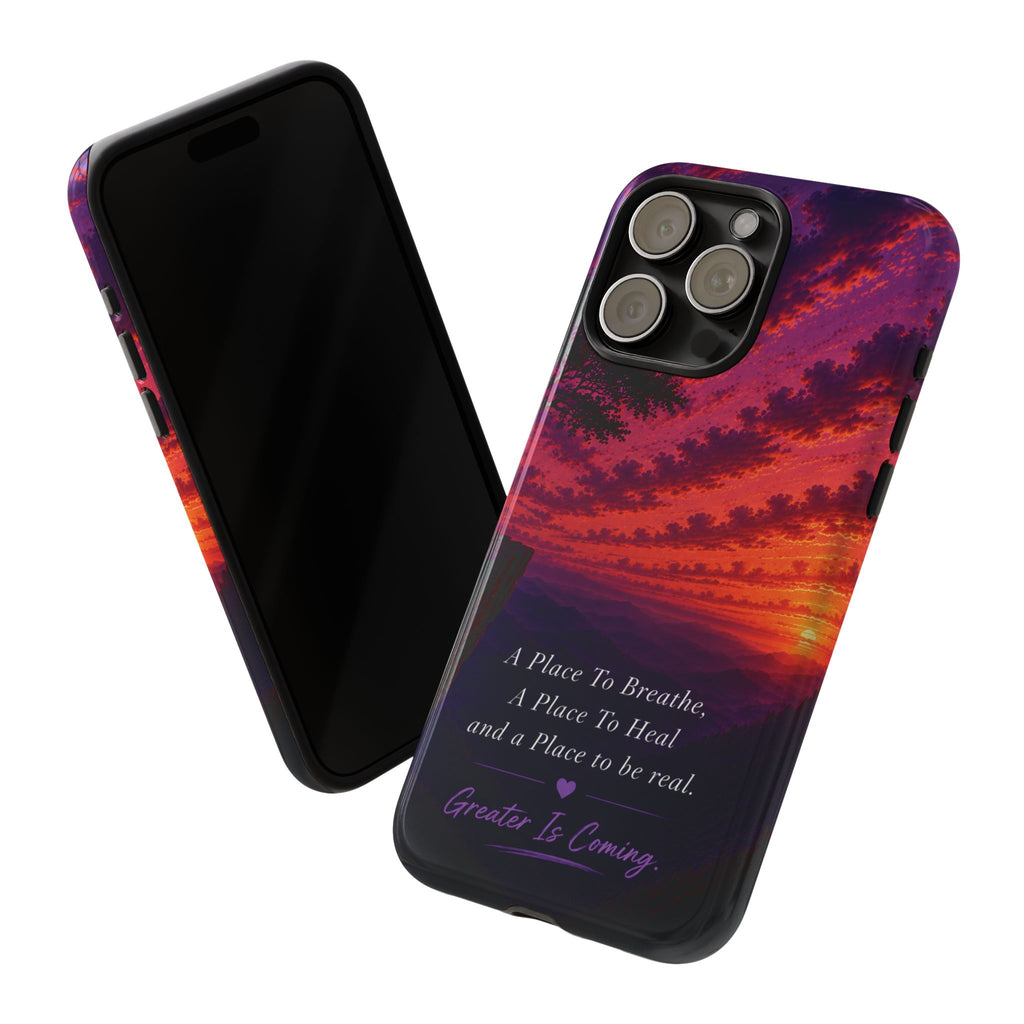 Sunset Serenity Phone Case – “A Place To Breathe, A Place To Heal” Inspirational Galaxy Case