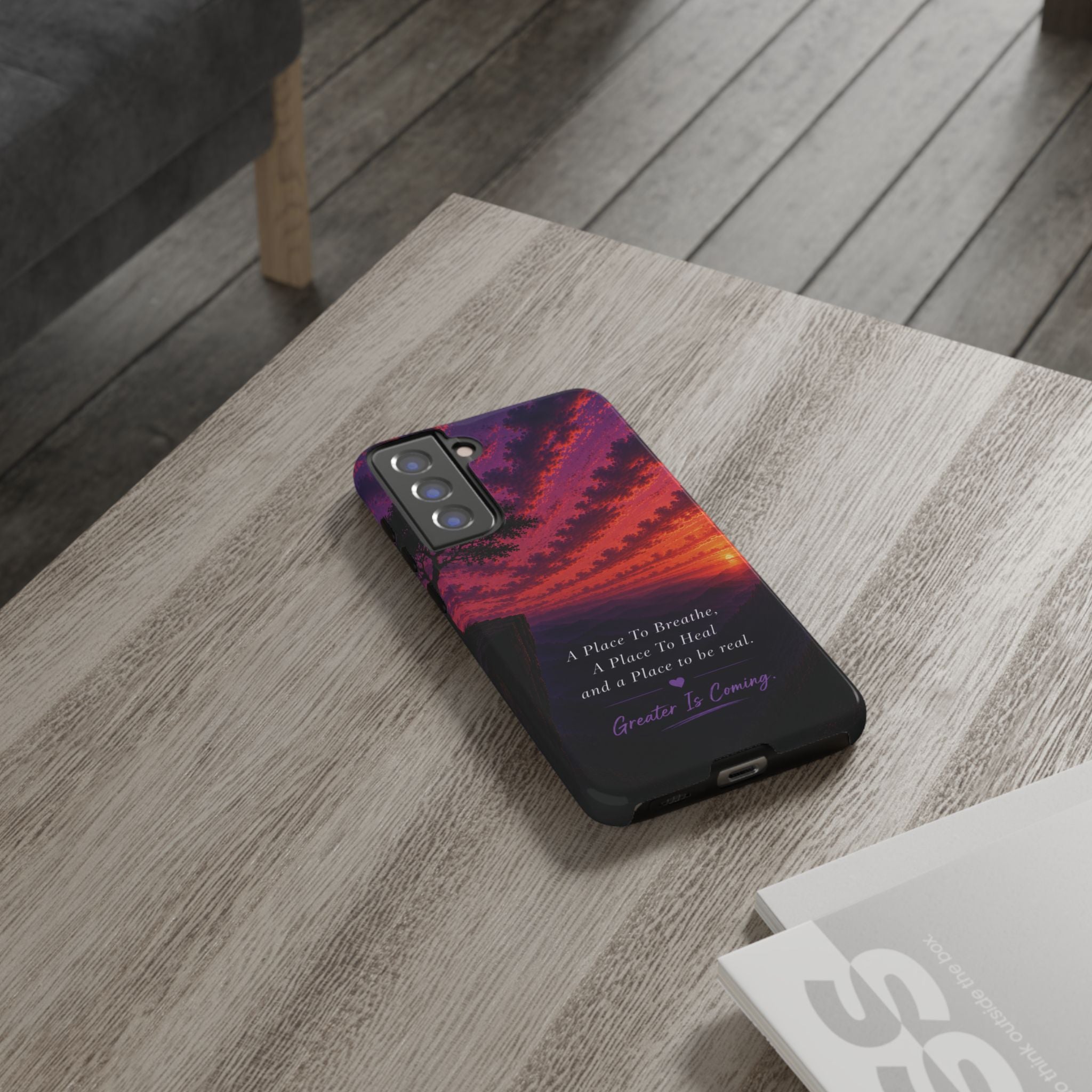Sunset Serenity Phone Case – “A Place To Breathe, A Place To Heal” Inspirational Galaxy Case