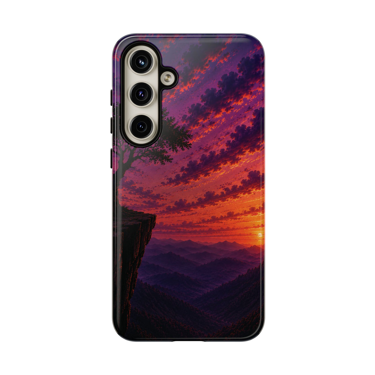 Sunset Cliff Tough Phone Case - Vibrant Purple Orange Landscape for Galaxy & iPhone
